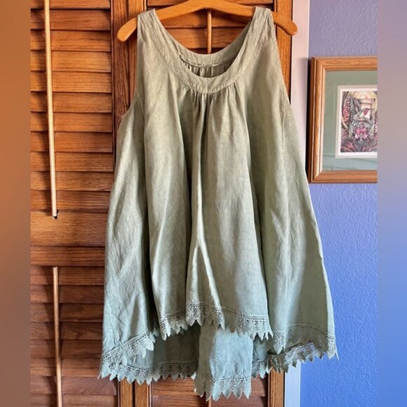 Sleeveless Green Italian Linen Boho Cottagecore Tunic with Crochet Lace Trim L - Picture 9 of 10